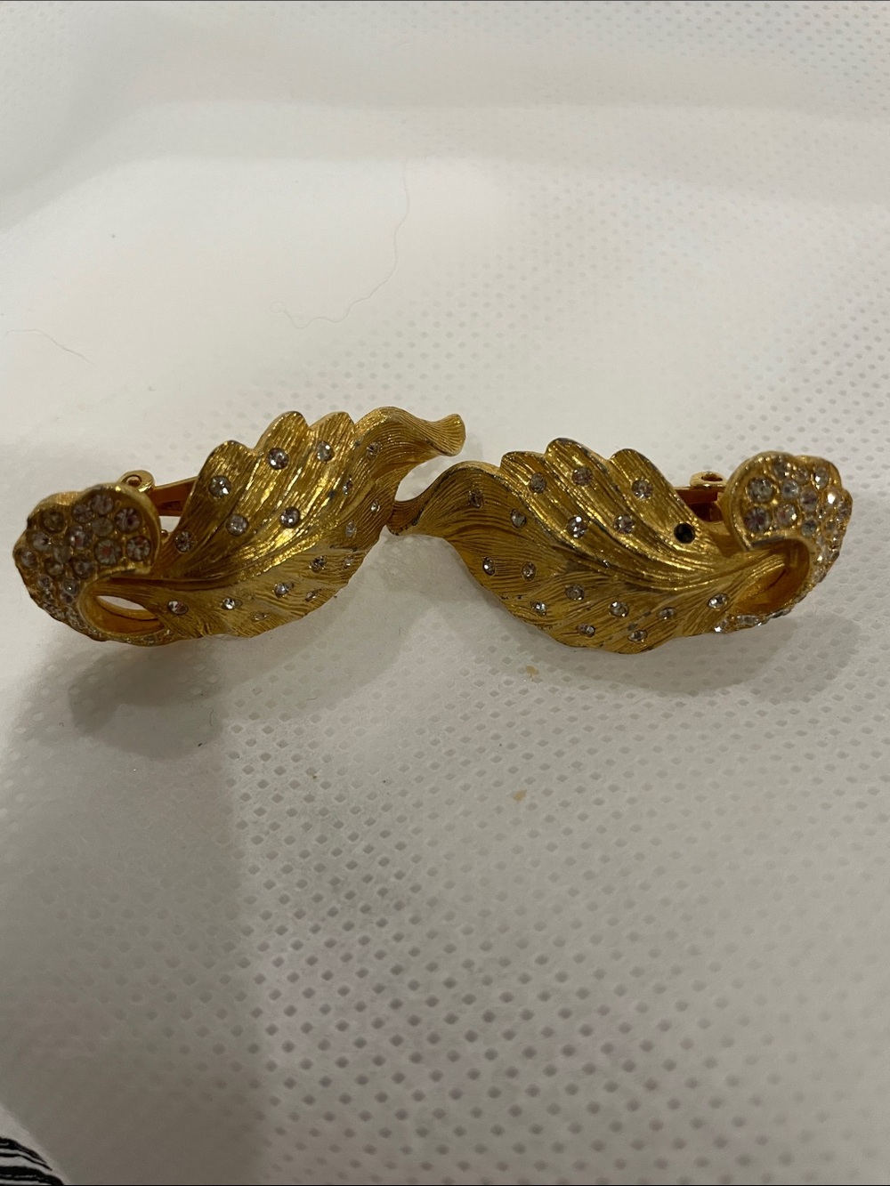 Gold Leaf Crystal Accent Clip on Earrings - Vintage (stamped)